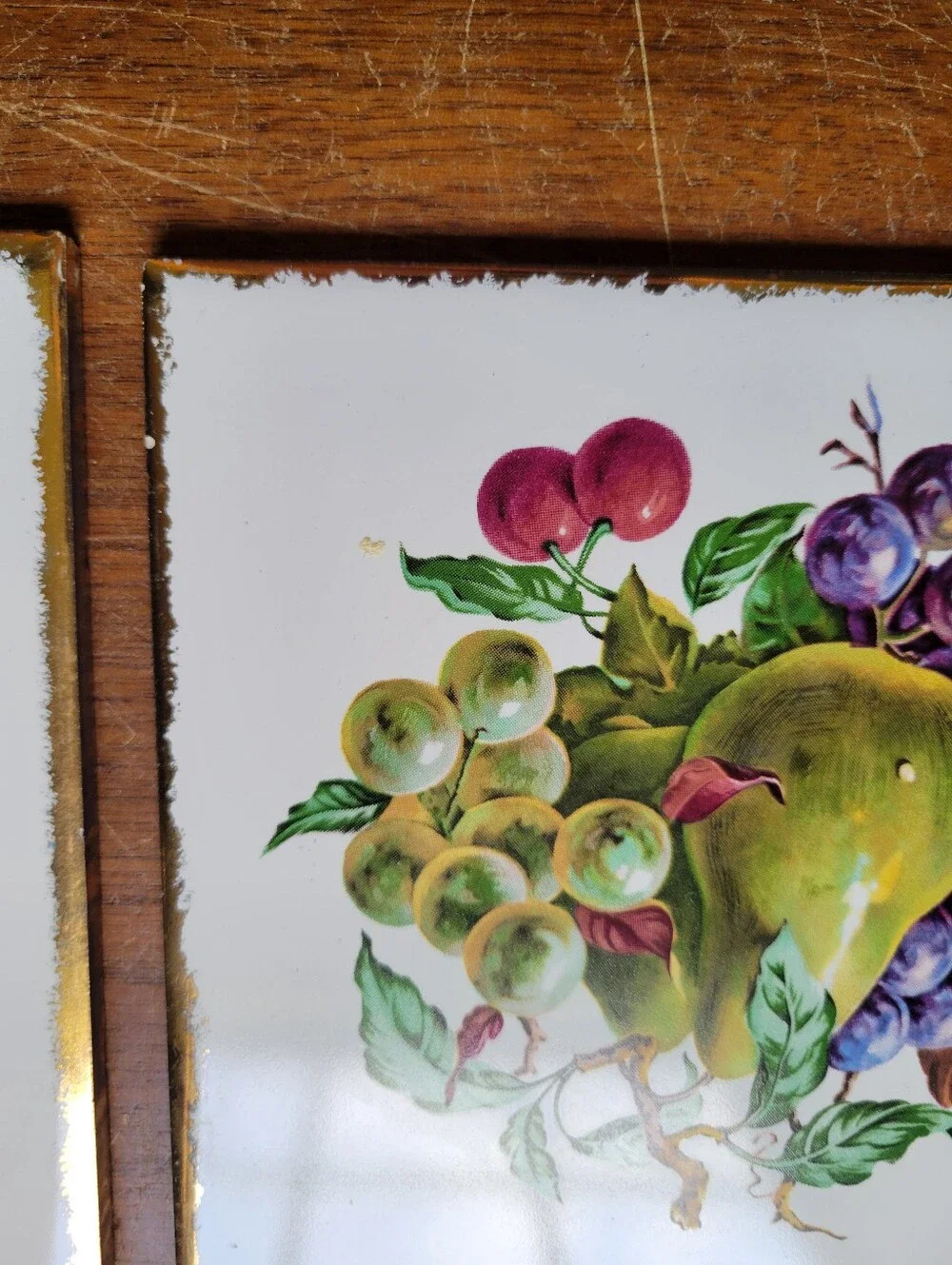 1970 Vintage Fruit Ceramic Tile Framed Artwork Trivets Set of 2 With Holder